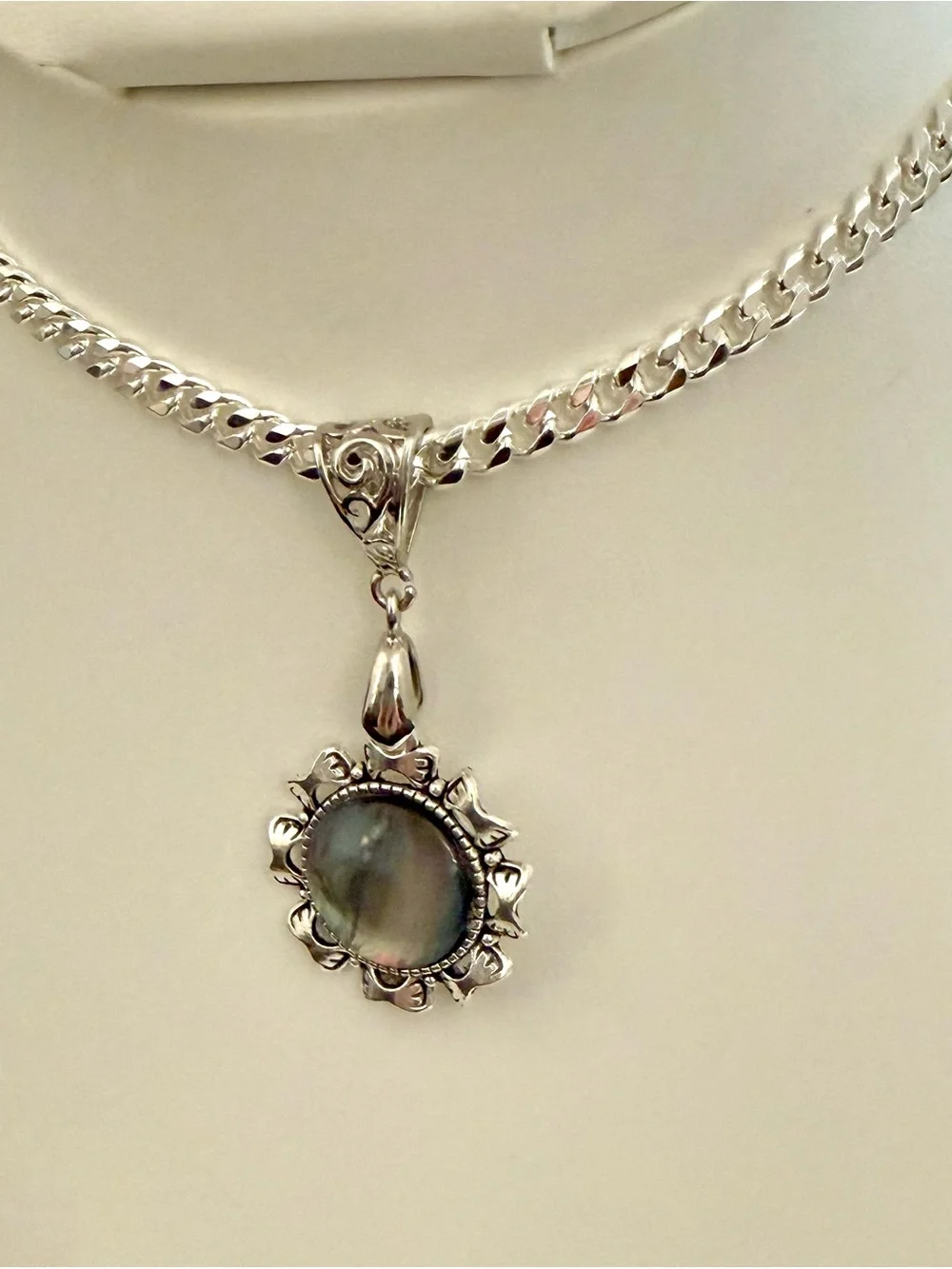 S925 Sterling Silver Abalone Shell Pendant Necklace Floral Artisan Statement